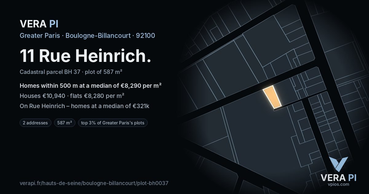 11 Rue Heinrich, Boulogne-Billancourt at night – the plot lit, the parcels around coloured by the prices near them