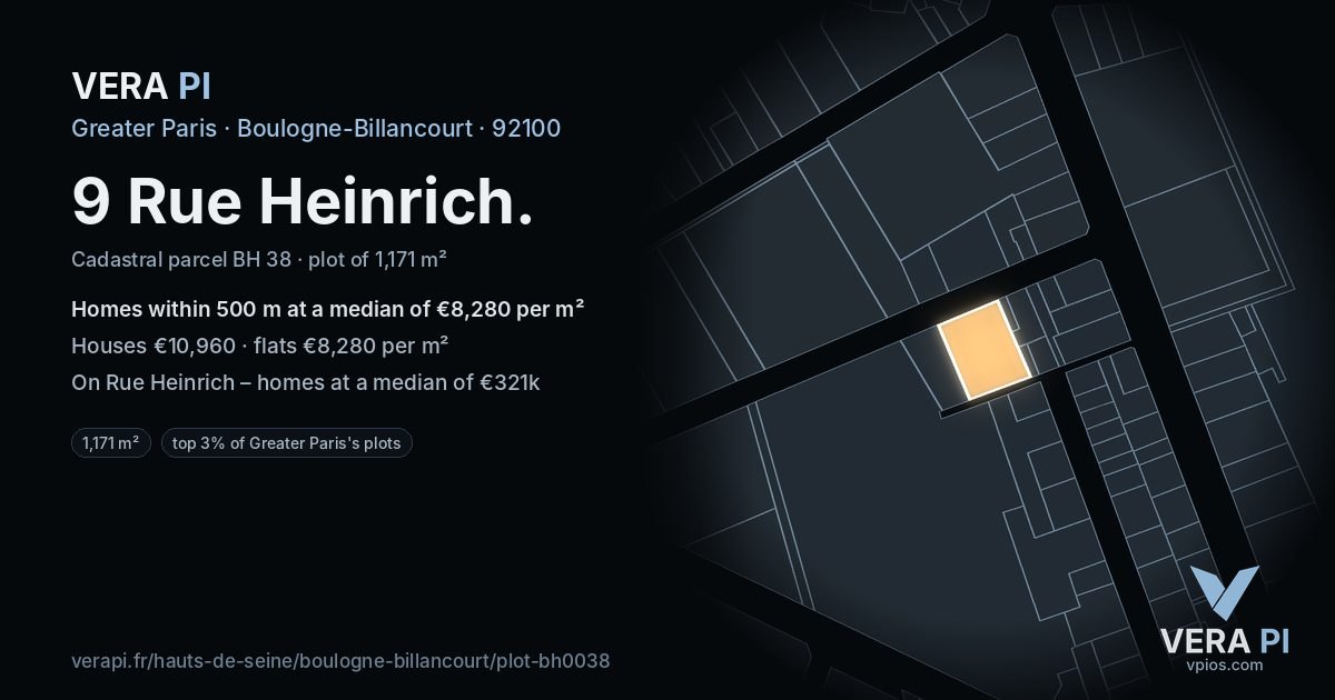 9 Rue Heinrich, Boulogne-Billancourt at night – the plot lit, the parcels around coloured by the prices near them