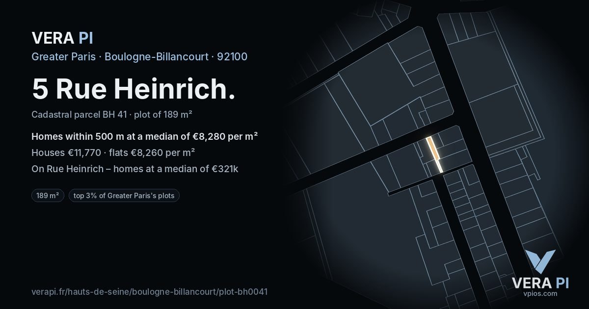 5 Rue Heinrich, Boulogne-Billancourt at night – the plot lit, the parcels around coloured by the prices near them