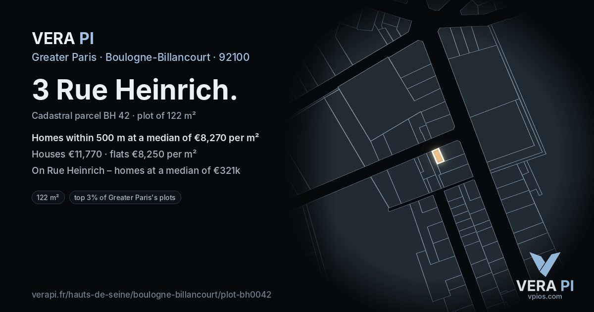3 Rue Heinrich, Boulogne-Billancourt at night – the plot lit, the parcels around coloured by the prices near them