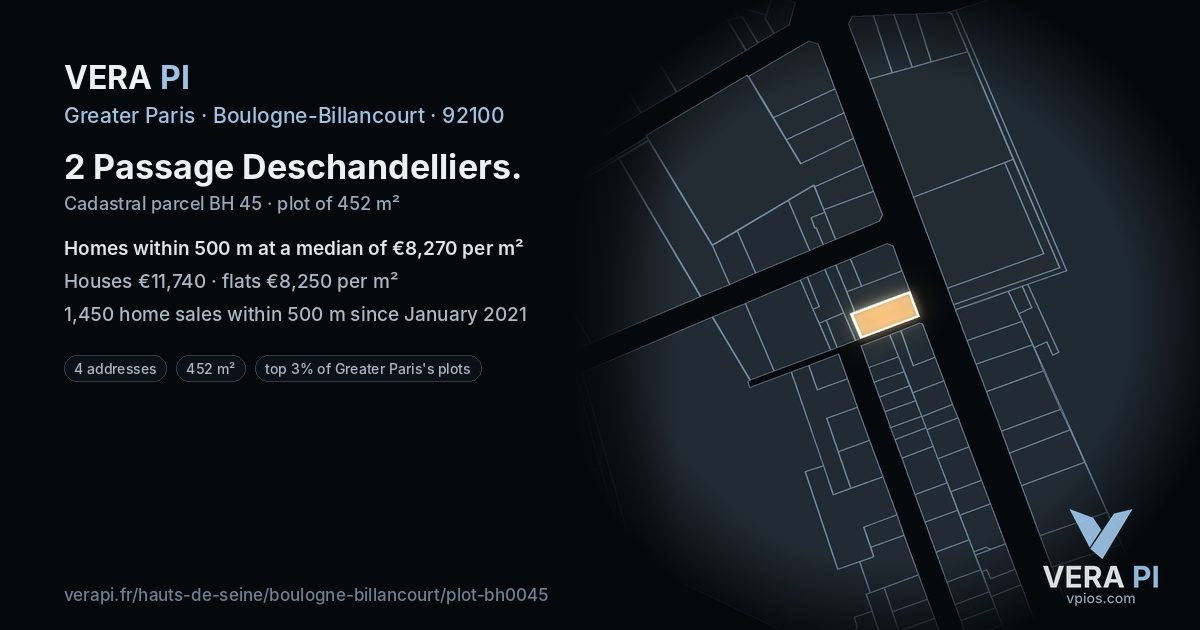 2 Passage Deschandelliers, Boulogne-Billancourt at night – the plot lit, the parcels around coloured by the prices near them