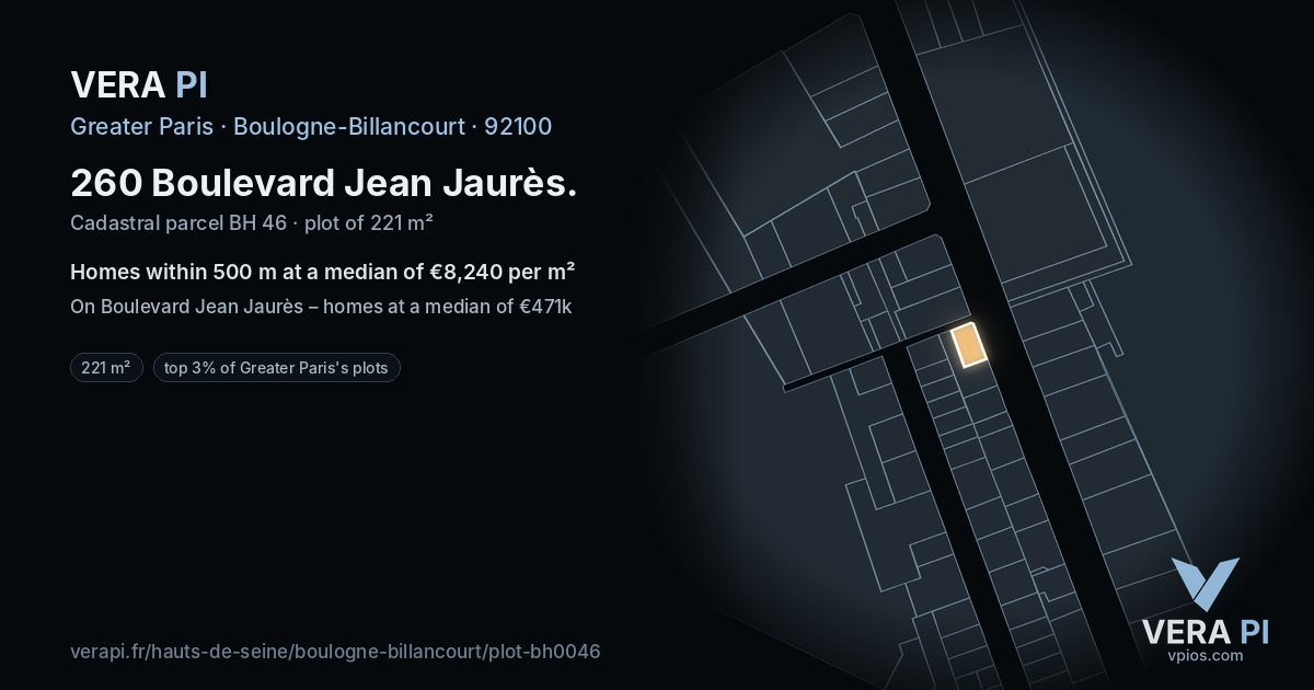 260 Boulevard Jean Jaurès, Boulogne-Billancourt at night – the plot lit, the parcels around coloured by the prices near them