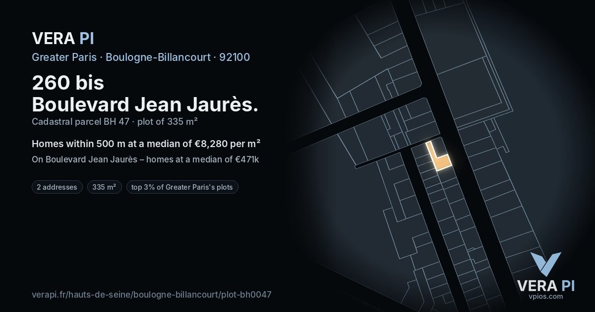 260 bis Boulevard Jean Jaurès, Boulogne-Billancourt at night – the plot lit, the parcels around coloured by the prices near them