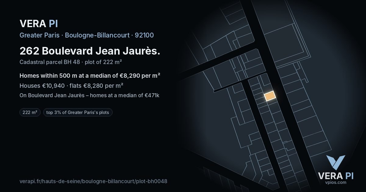 262 Boulevard Jean Jaurès, Boulogne-Billancourt at night – the plot lit, the parcels around coloured by the prices near them
