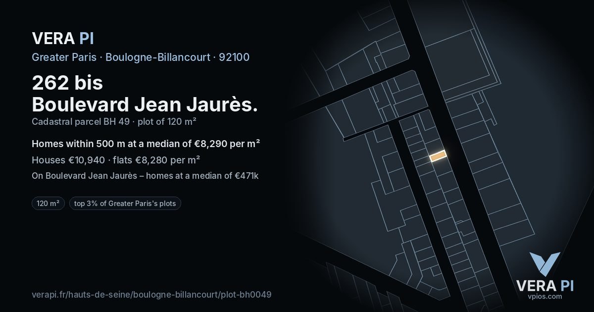 262 bis Boulevard Jean Jaurès, Boulogne-Billancourt at night – the plot lit, the parcels around coloured by the prices near them