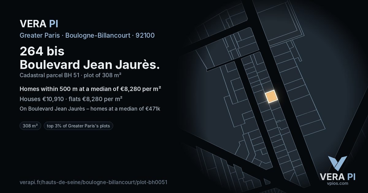 264 bis Boulevard Jean Jaurès, Boulogne-Billancourt at night – the plot lit, the parcels around coloured by the prices near them