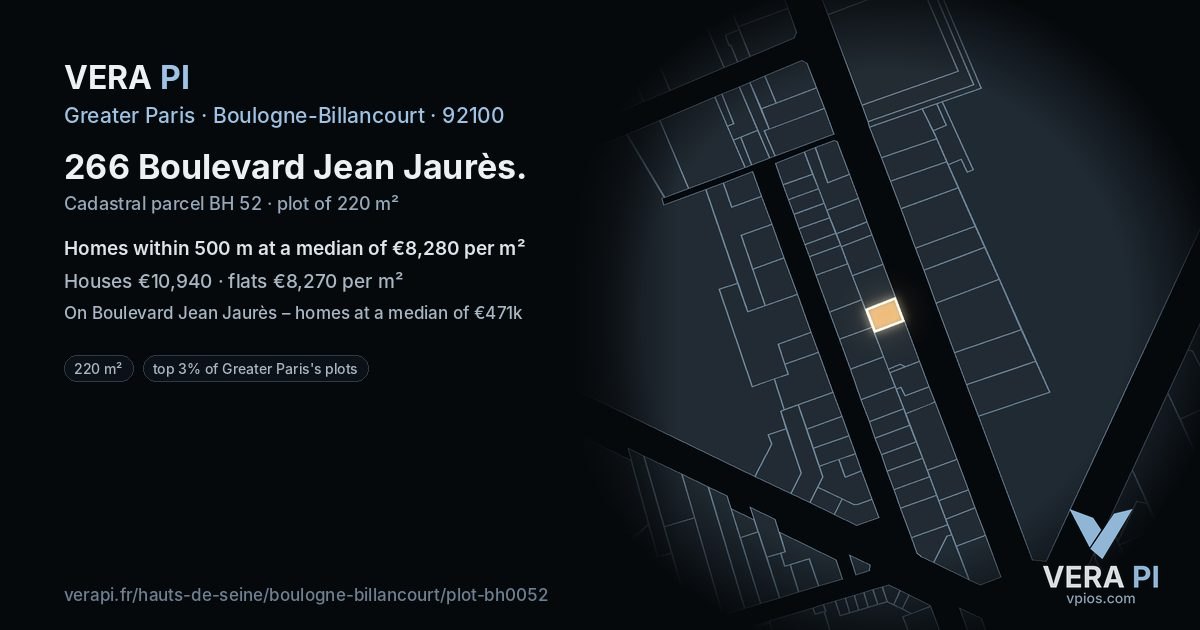 266 Boulevard Jean Jaurès, Boulogne-Billancourt at night – the plot lit, the parcels around coloured by the prices near them