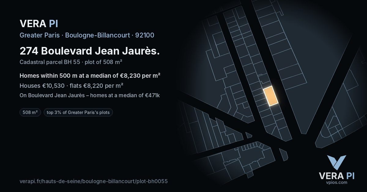 274 Boulevard Jean Jaurès, Boulogne-Billancourt at night – the plot lit, the parcels around coloured by the prices near them