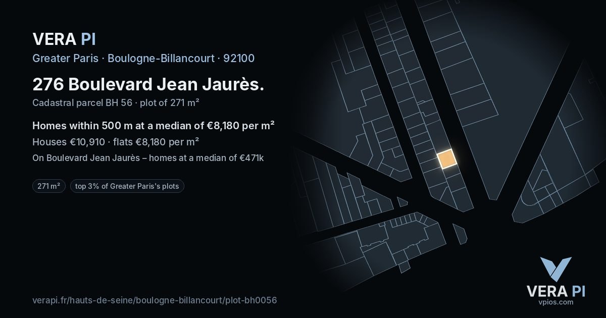 276 Boulevard Jean Jaurès, Boulogne-Billancourt at night – the plot lit, the parcels around coloured by the prices near them
