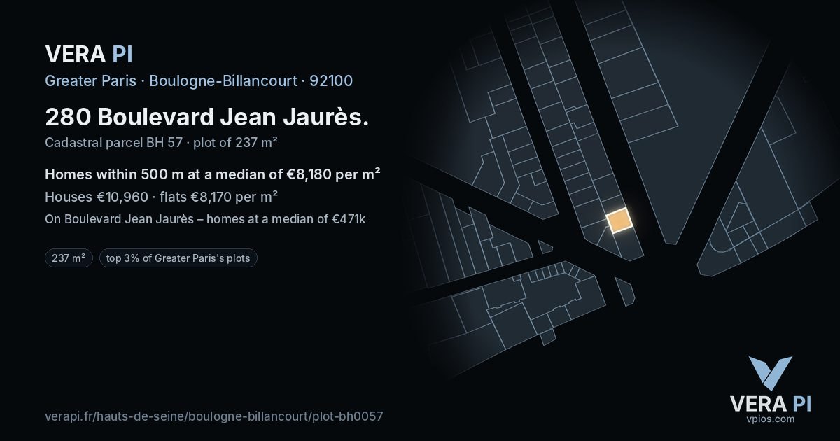 280 Boulevard Jean Jaurès, Boulogne-Billancourt at night – the plot lit, the parcels around coloured by the prices near them