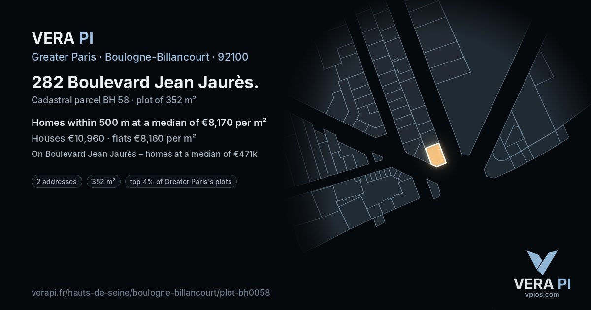 282 Boulevard Jean Jaurès, Boulogne-Billancourt at night – the plot lit, the parcels around coloured by the prices near them