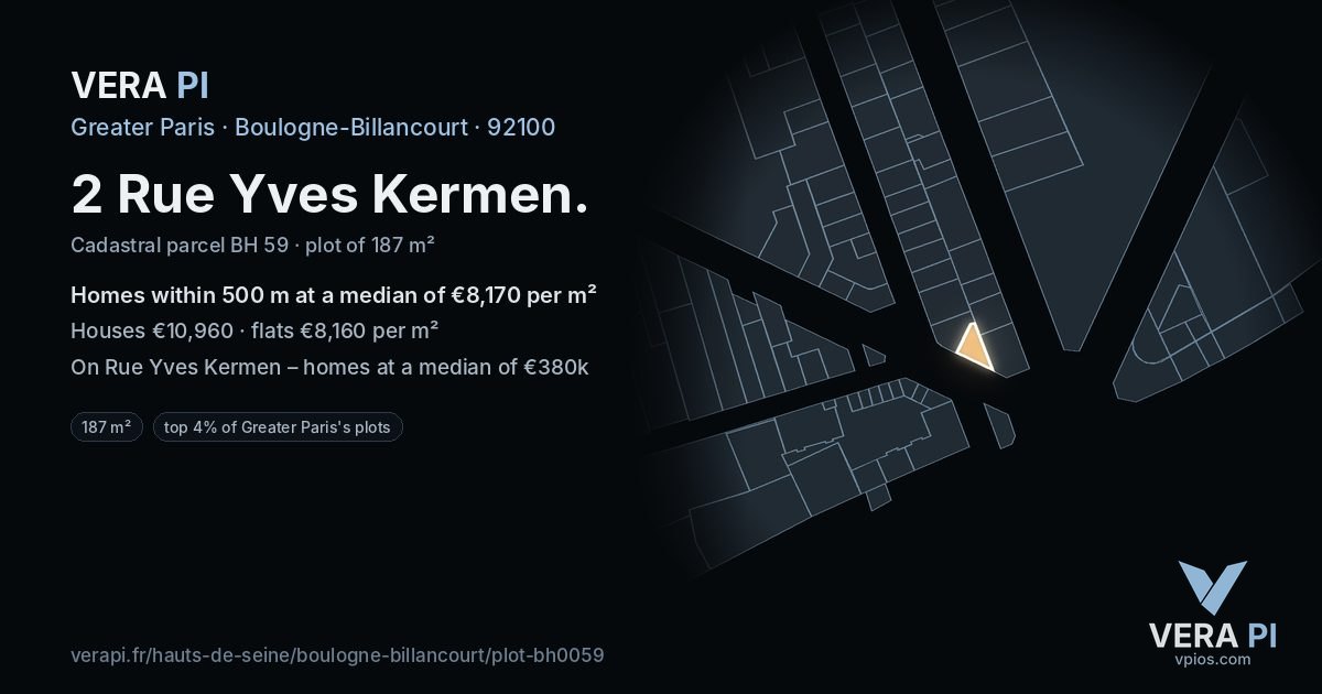 2 Rue Yves Kermen, Boulogne-Billancourt at night – the plot lit, the parcels around coloured by the prices near them