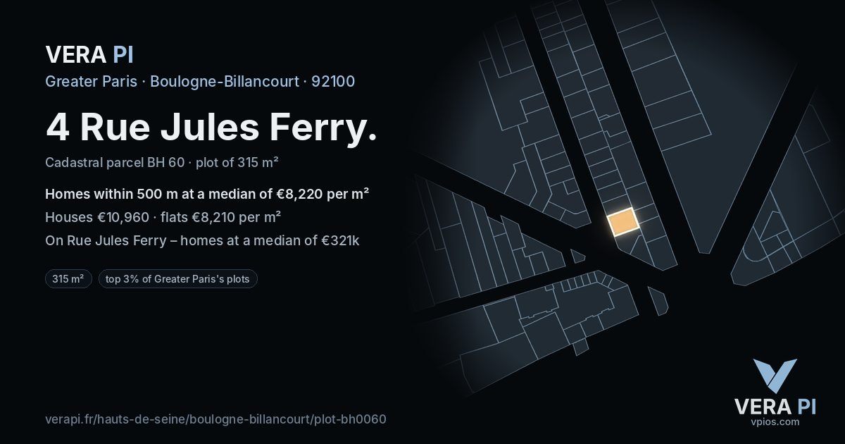 4 Rue Jules Ferry, Boulogne-Billancourt at night – the plot lit, the parcels around coloured by the prices near them