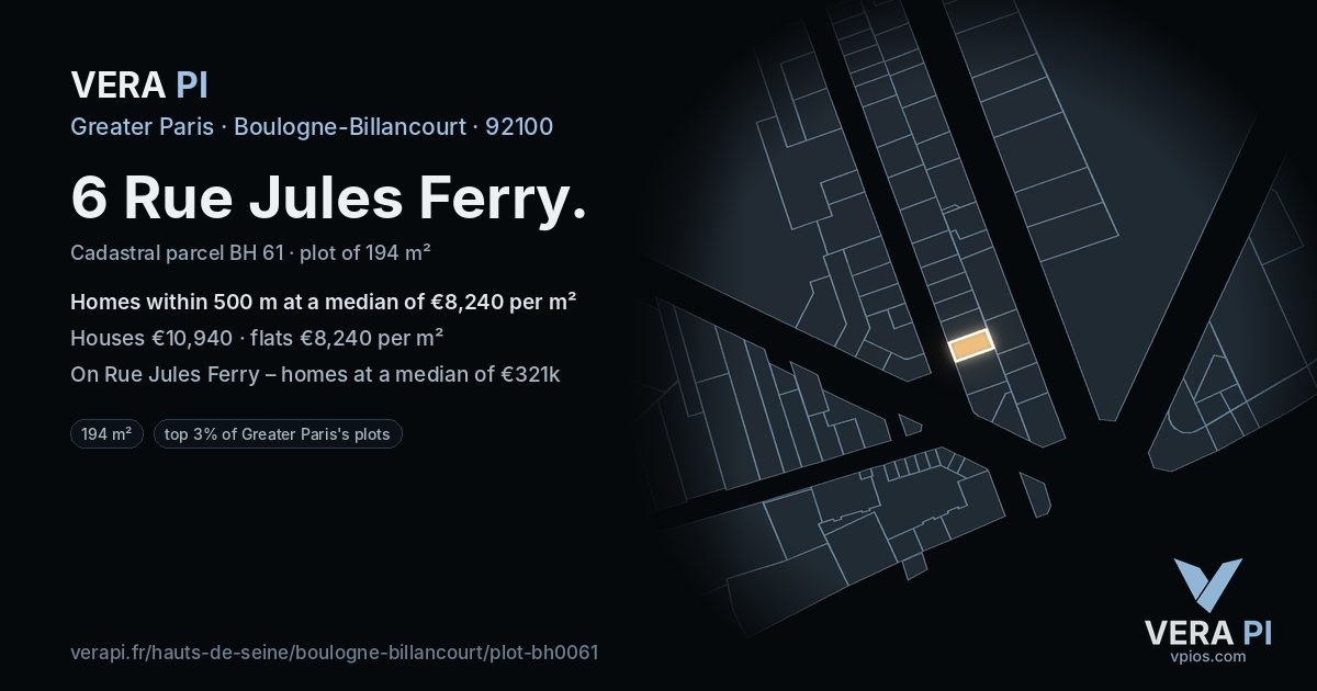 6 Rue Jules Ferry, Boulogne-Billancourt at night – the plot lit, the parcels around coloured by the prices near them