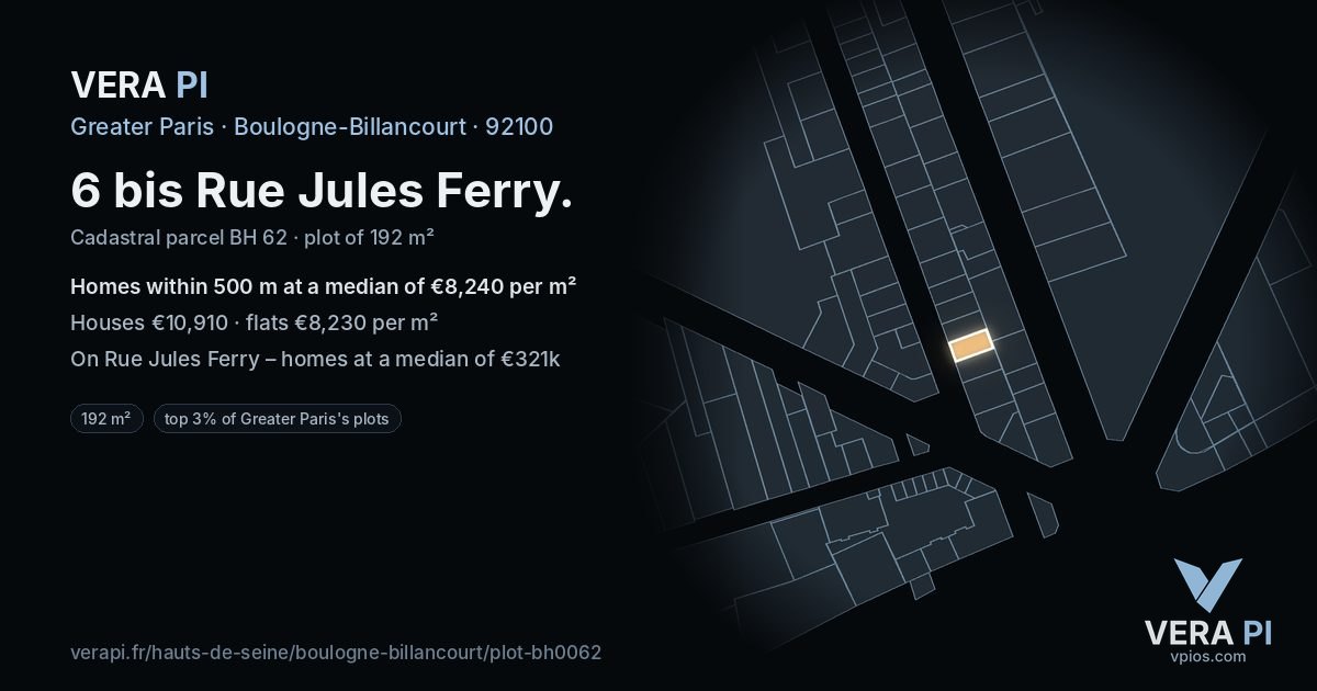 6 bis Rue Jules Ferry, Boulogne-Billancourt at night – the plot lit, the parcels around coloured by the prices near them