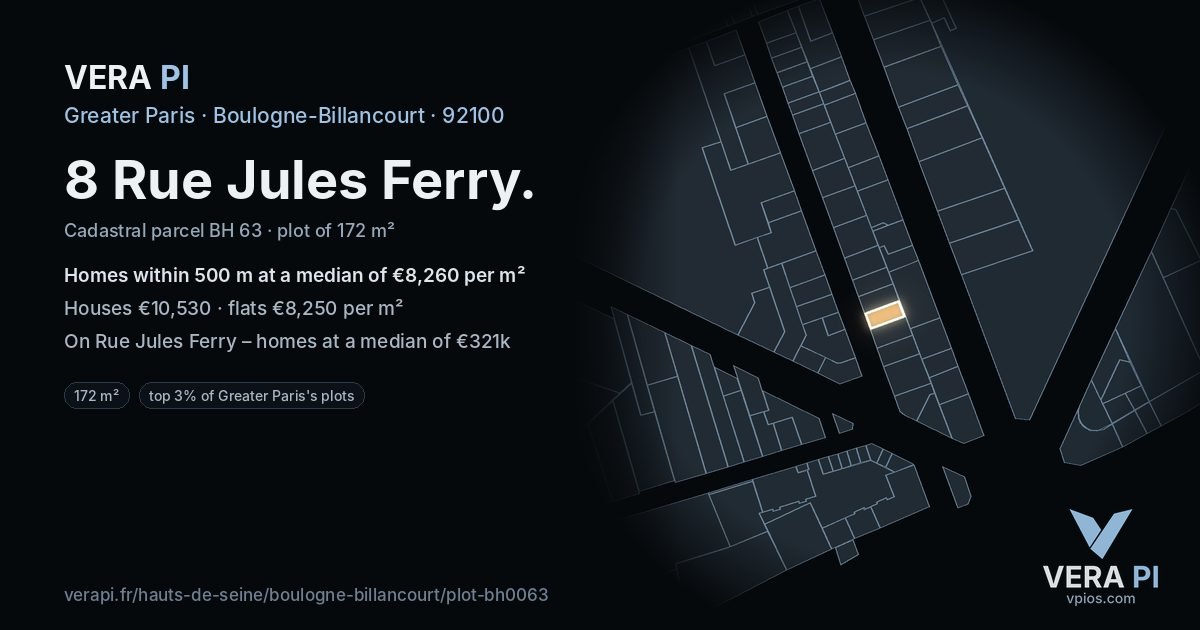 8 Rue Jules Ferry, Boulogne-Billancourt at night – the plot lit, the parcels around coloured by the prices near them
