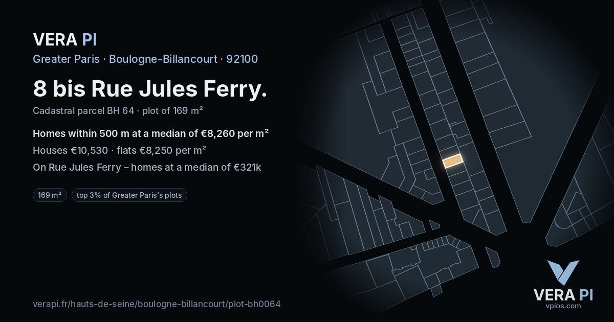 8 bis Rue Jules Ferry, Boulogne-Billancourt at night – the plot lit, the parcels around coloured by the prices near them