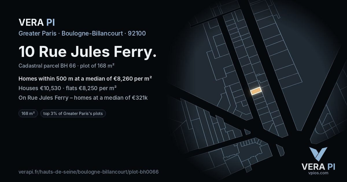 10 Rue Jules Ferry, Boulogne-Billancourt at night – the plot lit, the parcels around coloured by the prices near them