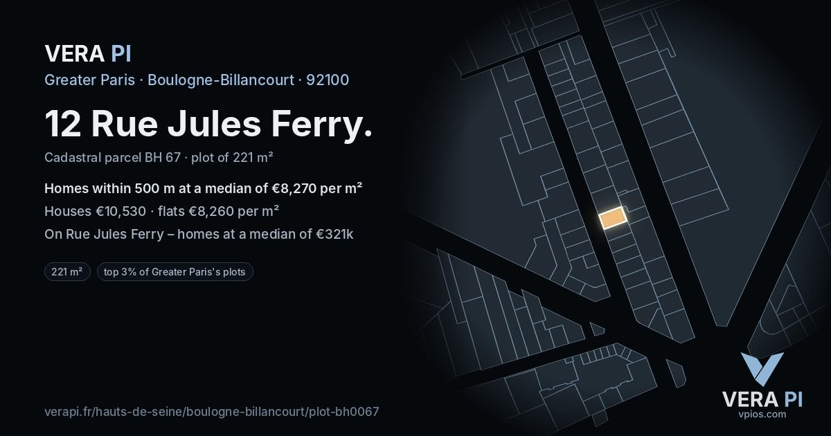 12 Rue Jules Ferry, Boulogne-Billancourt at night – the plot lit, the parcels around coloured by the prices near them