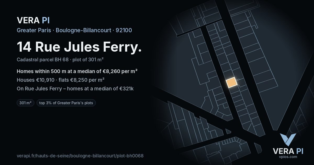 14 Rue Jules Ferry, Boulogne-Billancourt at night – the plot lit, the parcels around coloured by the prices near them