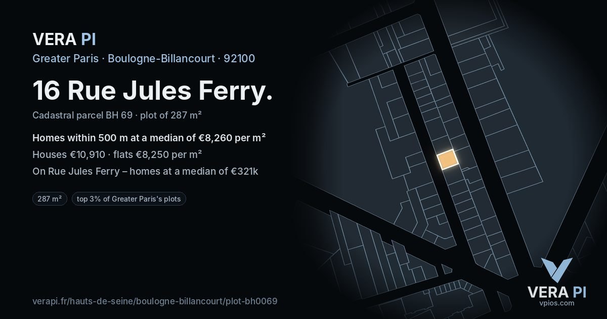 16 Rue Jules Ferry, Boulogne-Billancourt at night – the plot lit, the parcels around coloured by the prices near them
