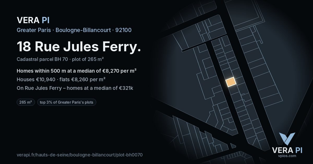 18 Rue Jules Ferry, Boulogne-Billancourt at night – the plot lit, the parcels around coloured by the prices near them