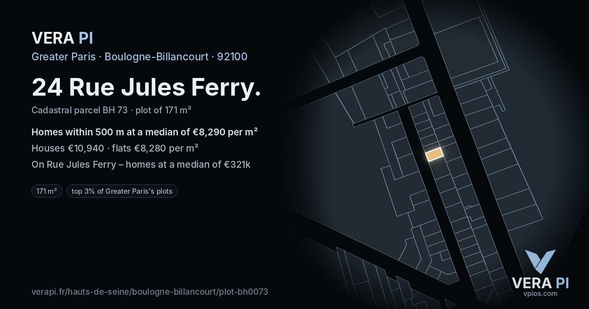 24 Rue Jules Ferry, Boulogne-Billancourt at night – the plot lit, the parcels around coloured by the prices near them