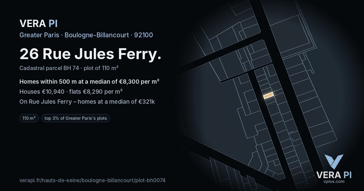 26 Rue Jules Ferry, Boulogne-Billancourt at night – the plot lit, the parcels around coloured by the prices near them