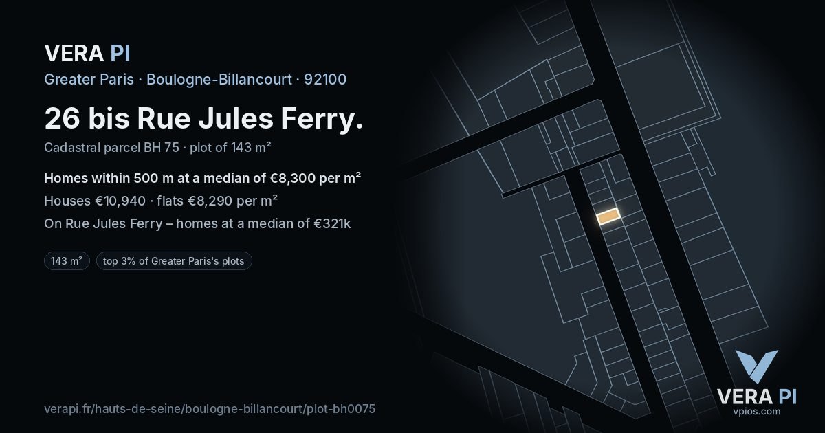 26 bis Rue Jules Ferry, Boulogne-Billancourt at night – the plot lit, the parcels around coloured by the prices near them
