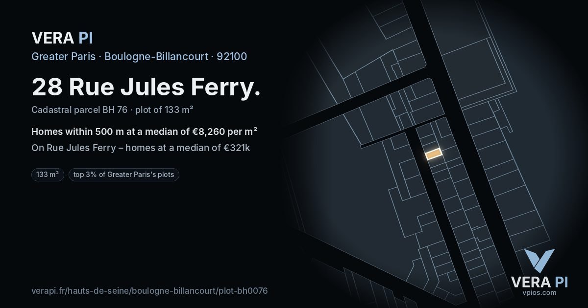 28 Rue Jules Ferry, Boulogne-Billancourt at night – the plot lit, the parcels around coloured by the prices near them