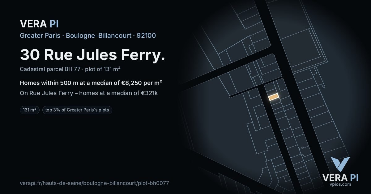 30 Rue Jules Ferry, Boulogne-Billancourt at night – the plot lit, the parcels around coloured by the prices near them