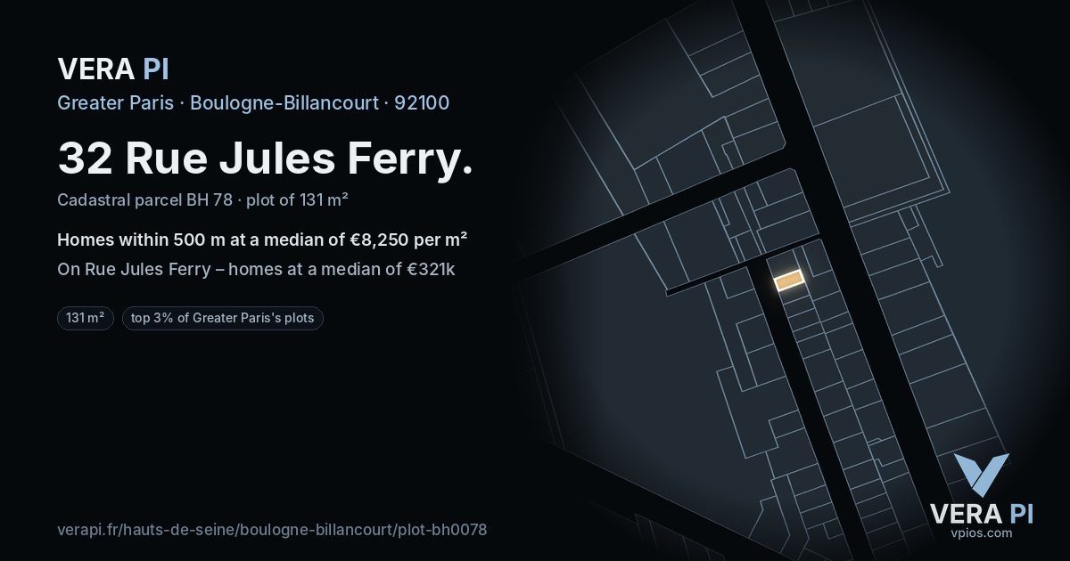32 Rue Jules Ferry, Boulogne-Billancourt at night – the plot lit, the parcels around coloured by the prices near them