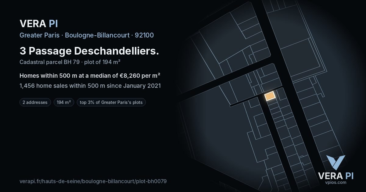 3 Passage Deschandelliers, Boulogne-Billancourt at night – the plot lit, the parcels around coloured by the prices near them