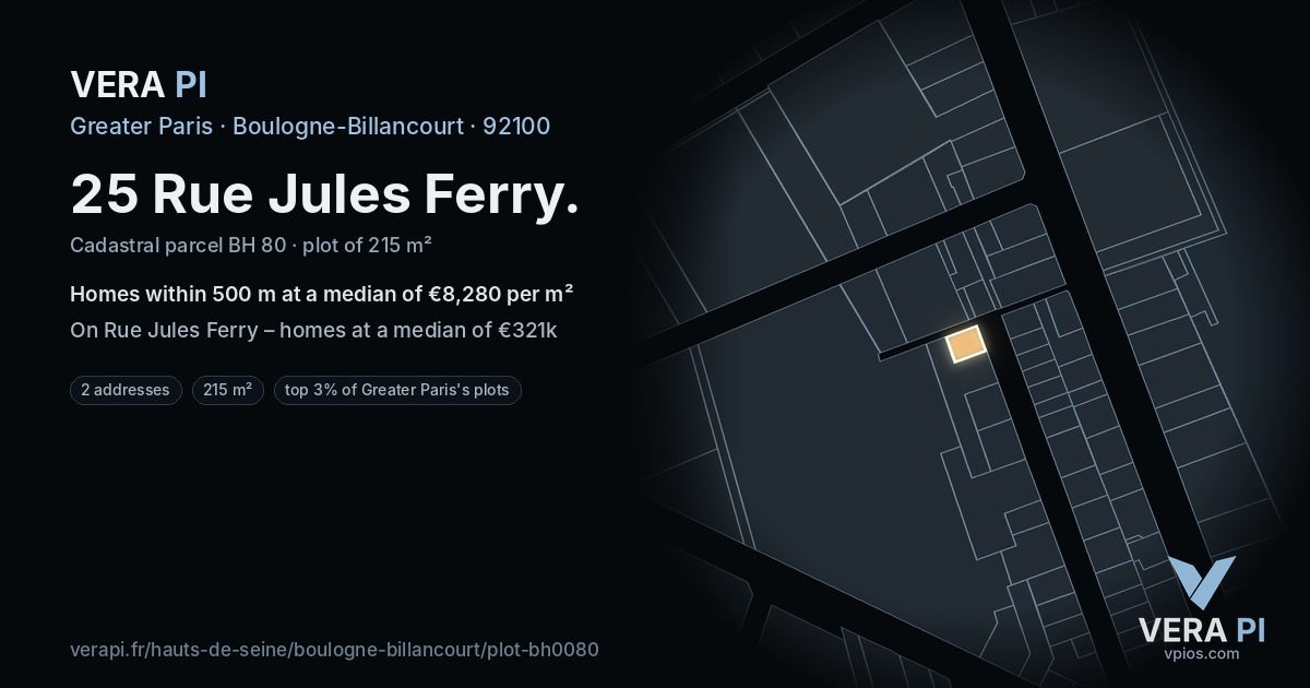 25 Rue Jules Ferry, Boulogne-Billancourt at night – the plot lit, the parcels around coloured by the prices near them