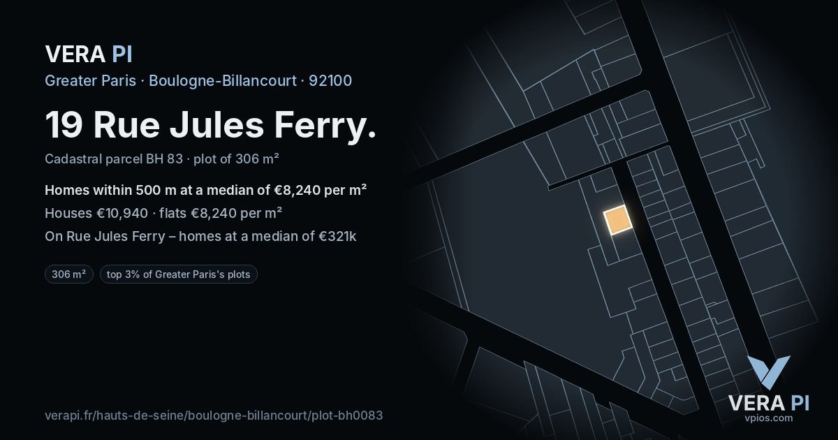 19 Rue Jules Ferry, Boulogne-Billancourt at night – the plot lit, the parcels around coloured by the prices near them