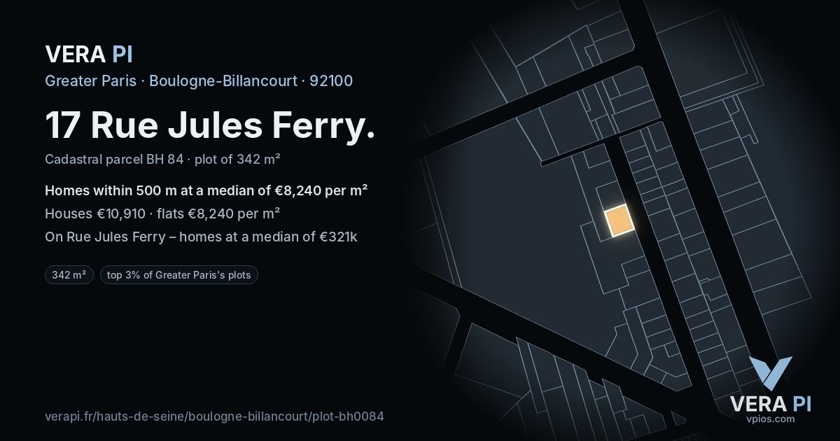 17 Rue Jules Ferry, Boulogne-Billancourt at night – the plot lit, the parcels around coloured by the prices near them