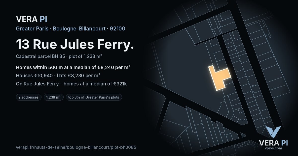 13 Rue Jules Ferry, Boulogne-Billancourt at night – the plot lit, the parcels around coloured by the prices near them