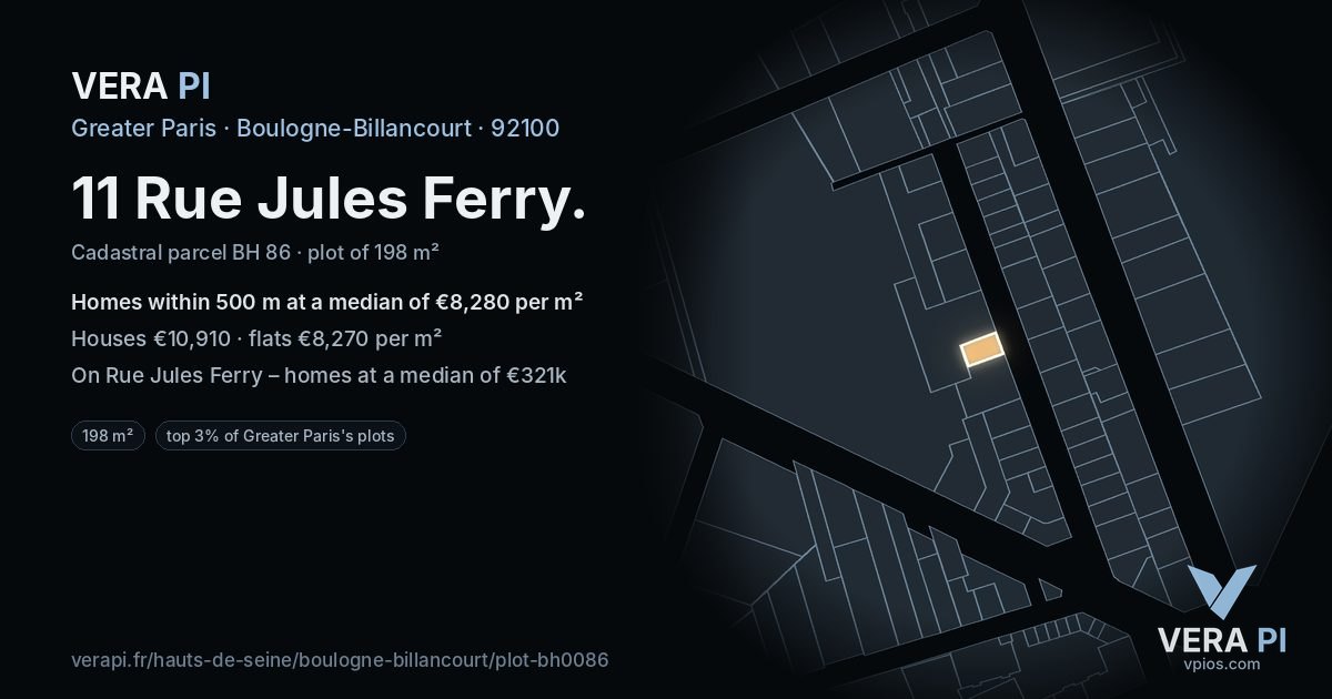 11 Rue Jules Ferry, Boulogne-Billancourt at night – the plot lit, the parcels around coloured by the prices near them