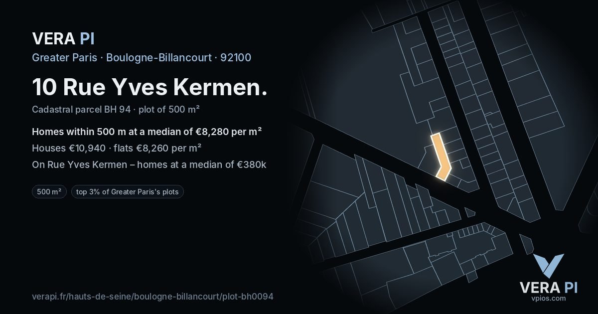 10 Rue Yves Kermen, Boulogne-Billancourt at night – the plot lit, the parcels around coloured by the prices near them