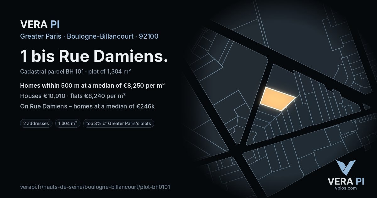 1 bis Rue Damiens, Boulogne-Billancourt at night – the plot lit, the parcels around coloured by the prices near them
