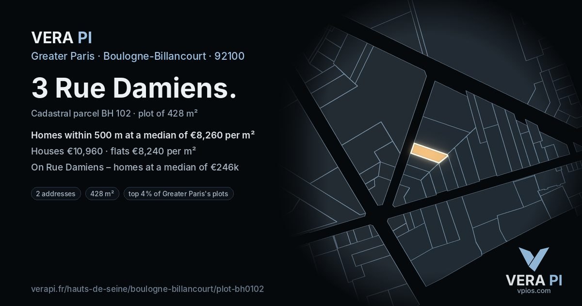 3 Rue Damiens, Boulogne-Billancourt at night – the plot lit, the parcels around coloured by the prices near them