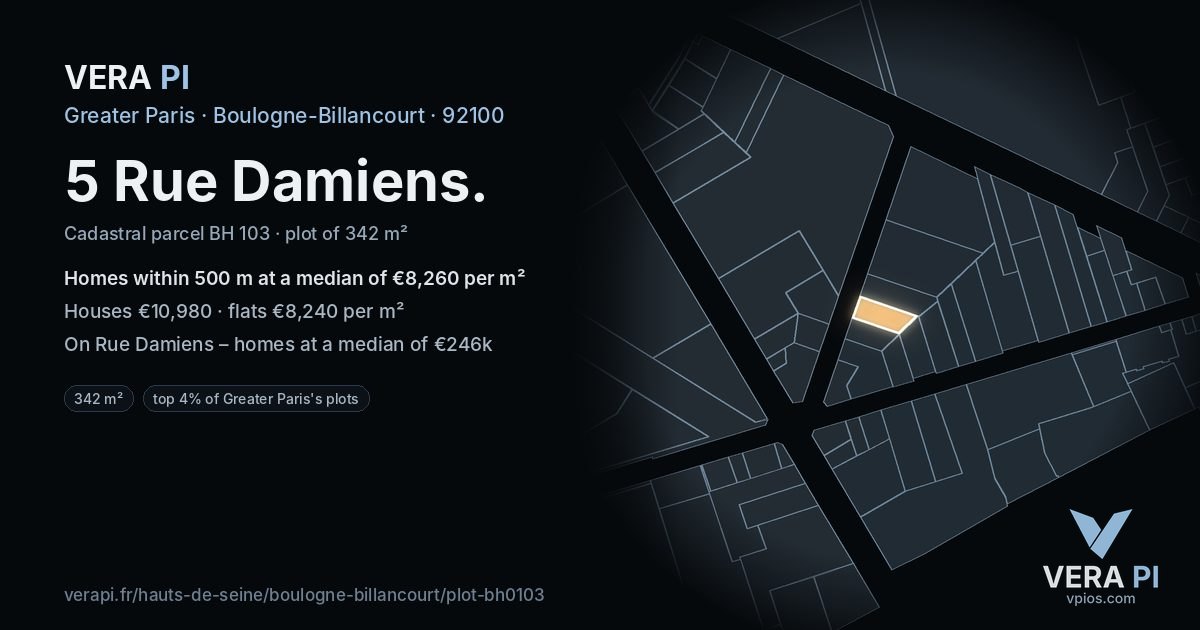 5 Rue Damiens, Boulogne-Billancourt at night – the plot lit, the parcels around coloured by the prices near them