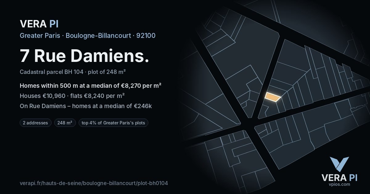 7 Rue Damiens, Boulogne-Billancourt at night – the plot lit, the parcels around coloured by the prices near them