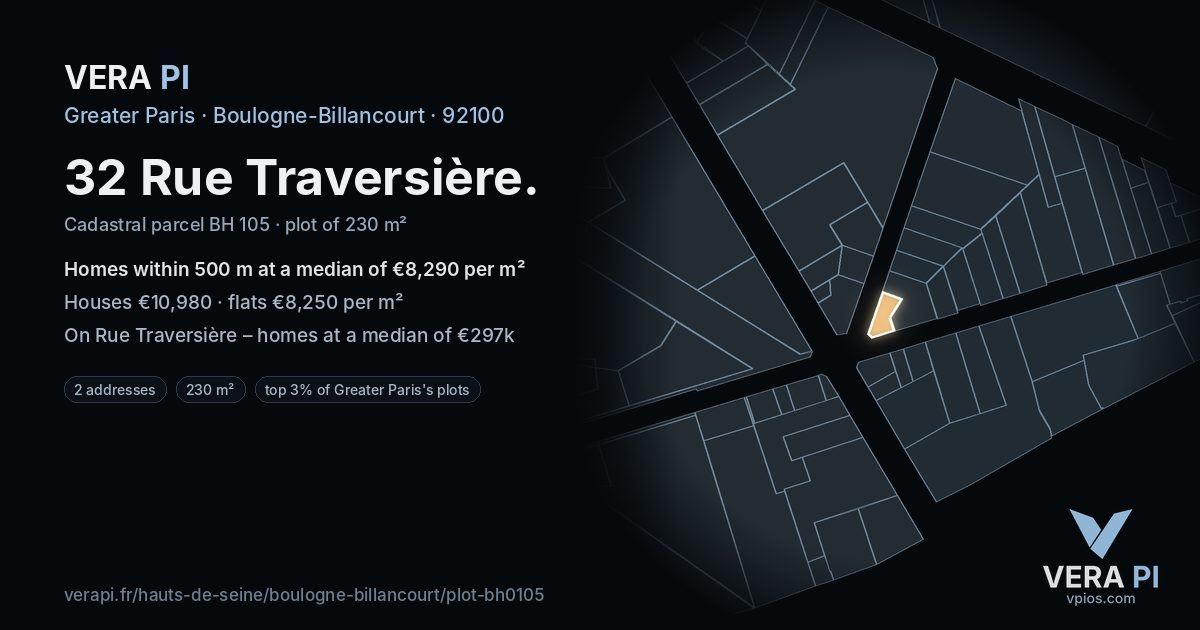 32 Rue Traversière, Boulogne-Billancourt at night – the plot lit, the parcels around coloured by the prices near them