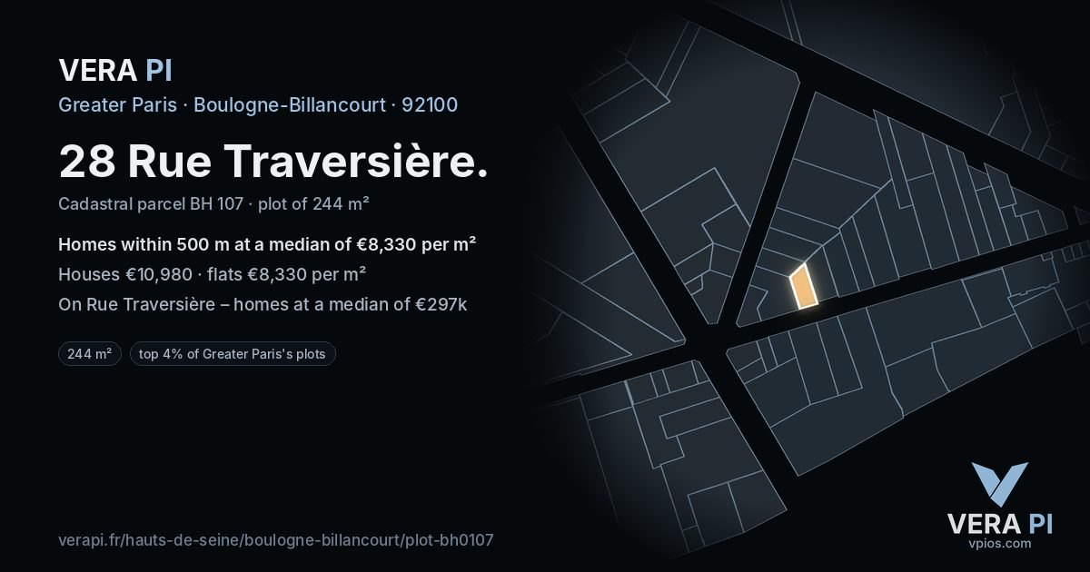 28 Rue Traversière, Boulogne-Billancourt at night – the plot lit, the parcels around coloured by the prices near them