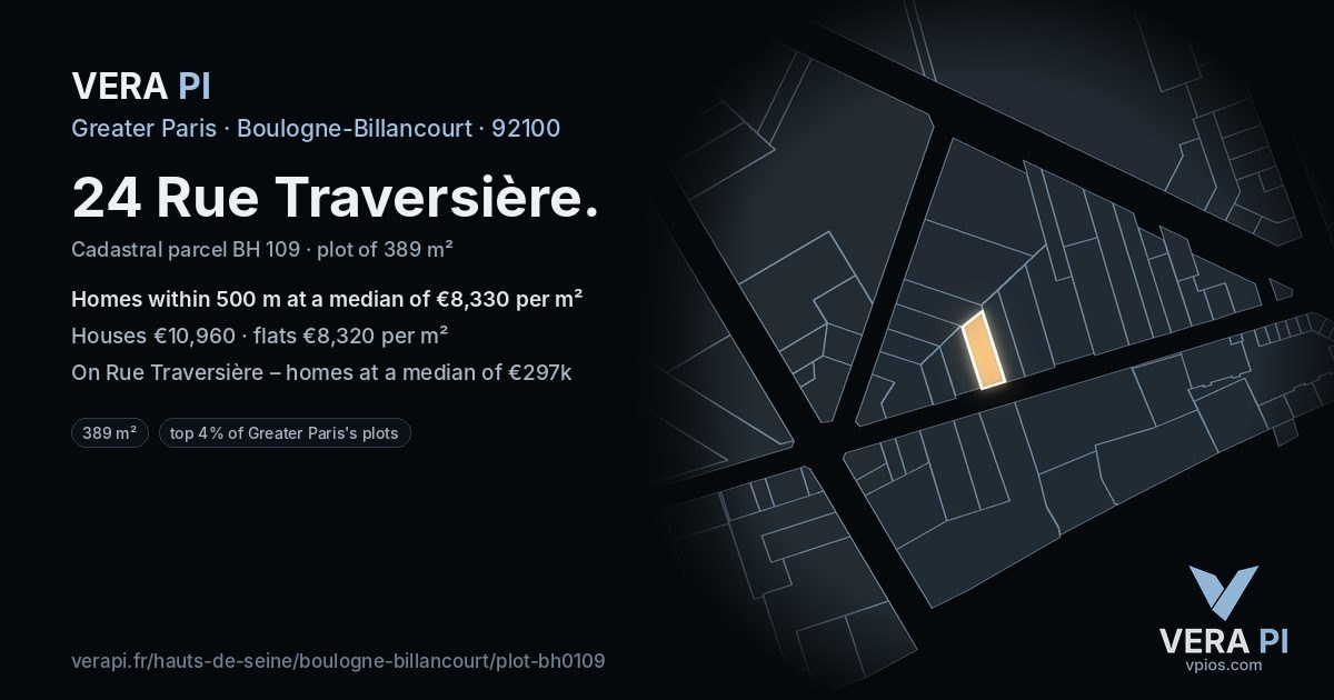 24 Rue Traversière, Boulogne-Billancourt at night – the plot lit, the parcels around coloured by the prices near them