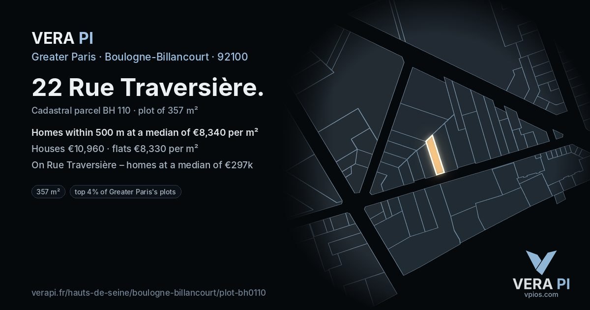 22 Rue Traversière, Boulogne-Billancourt at night – the plot lit, the parcels around coloured by the prices near them