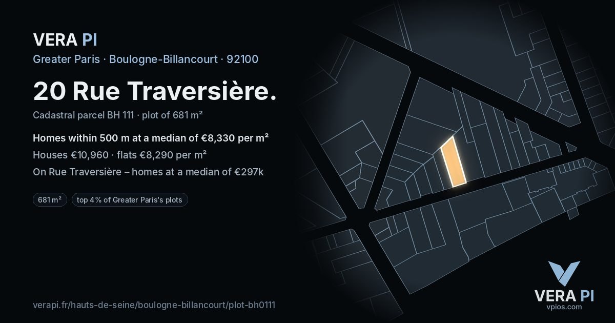 20 Rue Traversière, Boulogne-Billancourt at night – the plot lit, the parcels around coloured by the prices near them