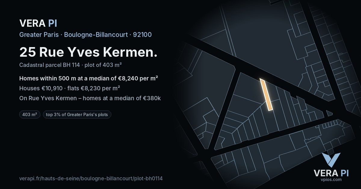 25 Rue Yves Kermen, Boulogne-Billancourt at night – the plot lit, the parcels around coloured by the prices near them