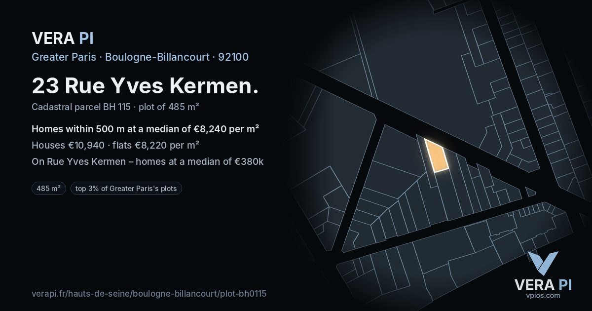 23 Rue Yves Kermen, Boulogne-Billancourt at night – the plot lit, the parcels around coloured by the prices near them